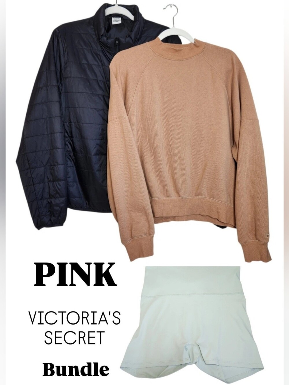 Victoria's Secret Pink 3 Pc Bundle Puffer Jacket, Crewneck Sweatshirt, Shorts LG